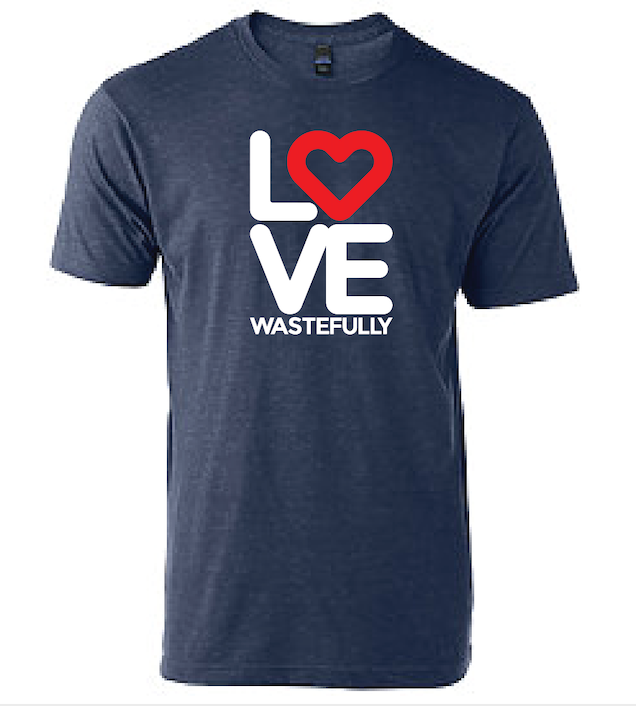 Love Wastefully Stacked t-shirt. Cool Denim Blue