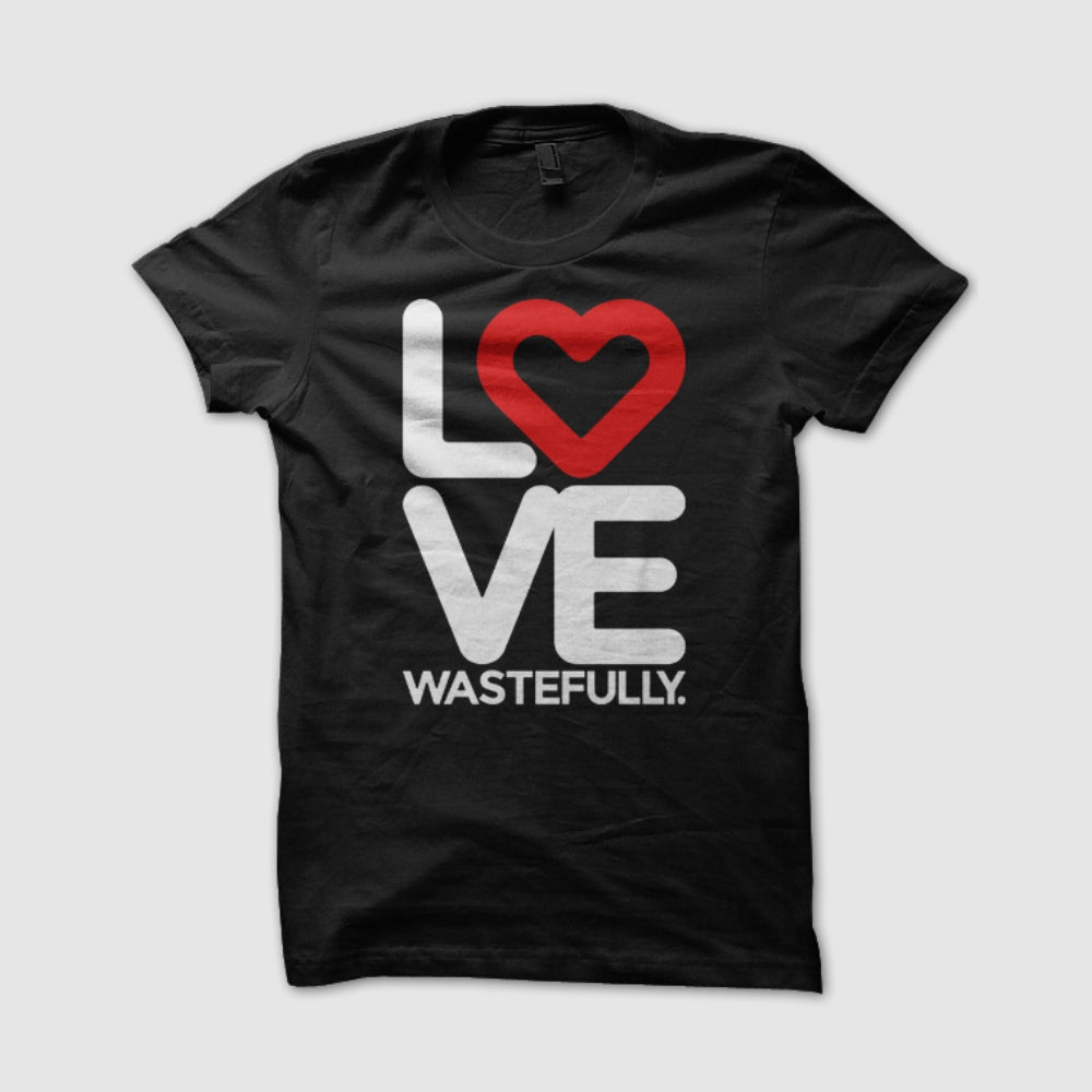 Love Wastefully Stacked t-shirt. Cool Denim Blue